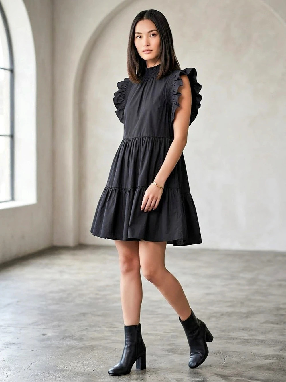 English Factory Mixed Media Ruffle Sleeve Mini Dress Black Size Medium